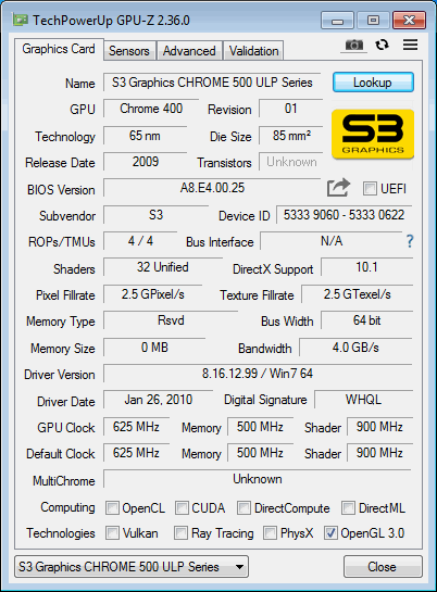 S3 Chrome 530 GT GPU-Z