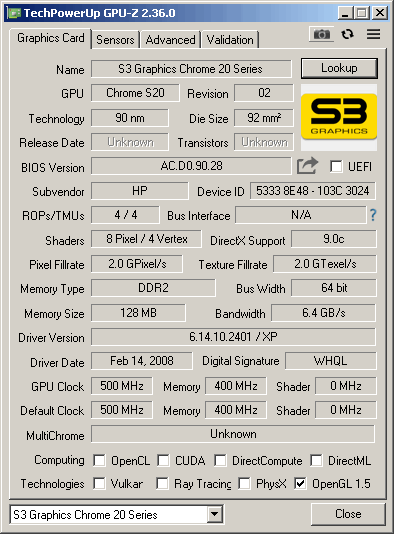 S3 Matrix 128MB PCIeX16 GPU-Z