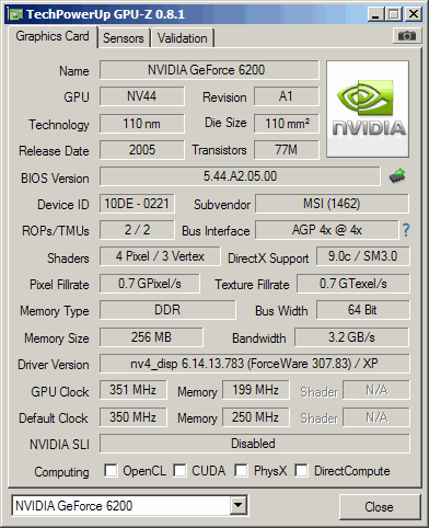MSI NX6200AX-TD256LF GPU-Z